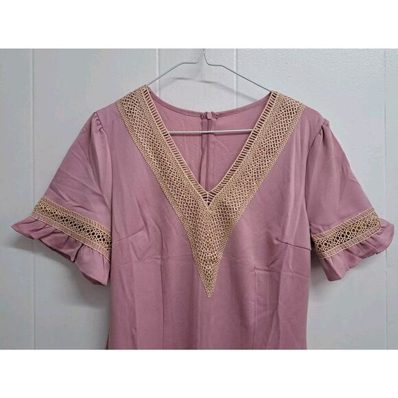 Women‎ Dress Lace V Neck Ruffle Sleeve Casual Short Mini Dress Pink Size S - Picture 2 of 11